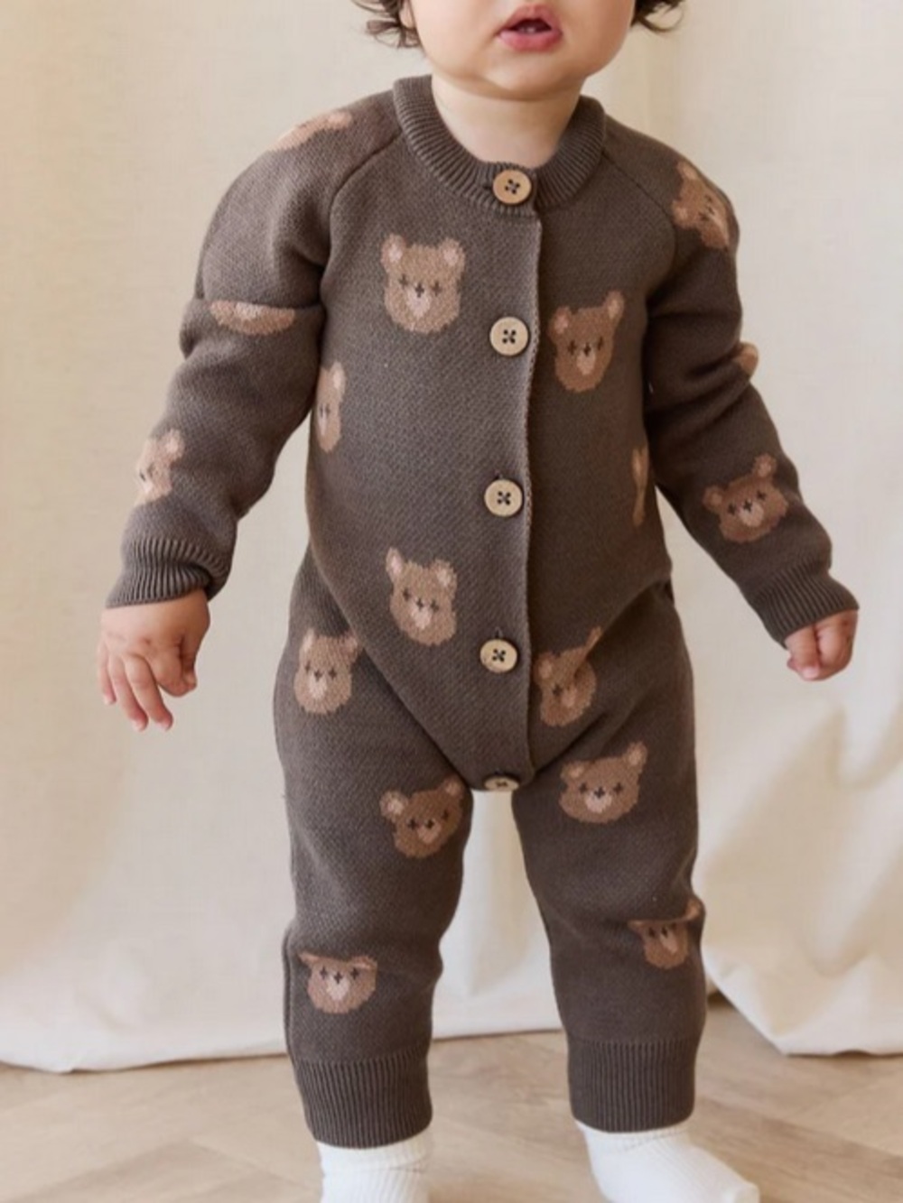 Jamie Kay Jack Bear Knit One-Piece 3–6 Months Brown Cotton